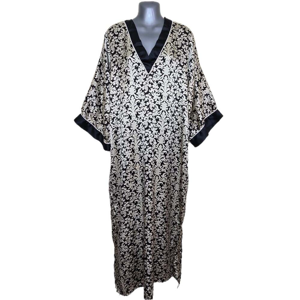 Natori Dynasty V-Neck Caftan in Black and Cream Size S